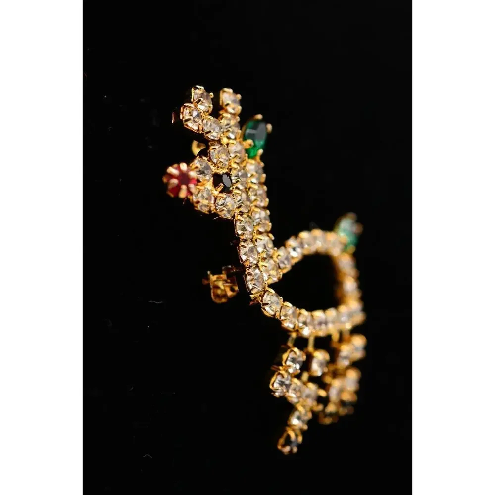 Vintage Crystal Reindeer Pin Brooch Rhinestone Gold Tone Christmas 1980s BinAT